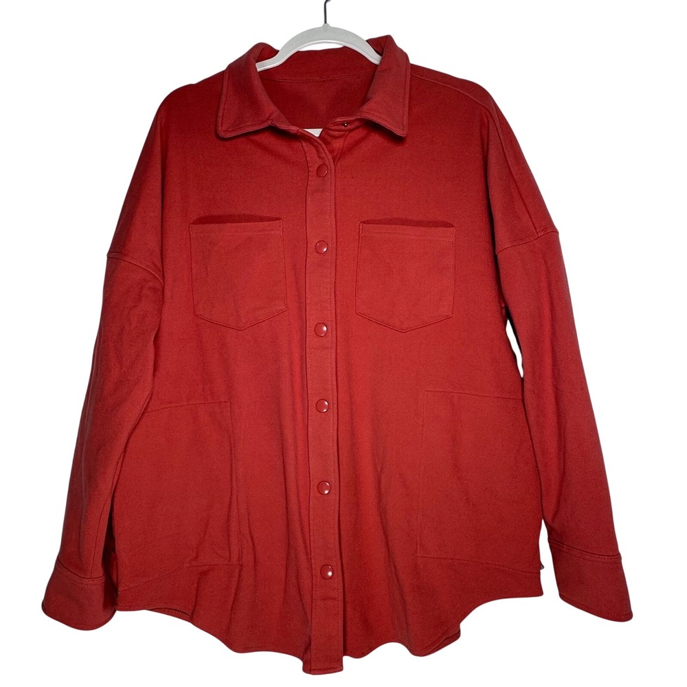 Red Knit Snap Button Shacket Oversized‎ Shirt Jacket Long Sleeve Womens Large